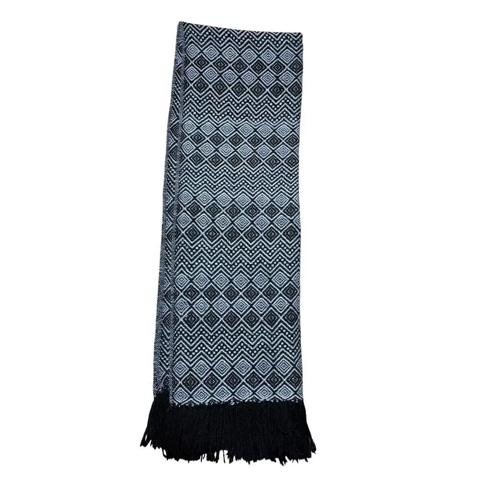 Vintage Peruvian Alpaca Wool Black White Diamond Chevron Fringe Scarf